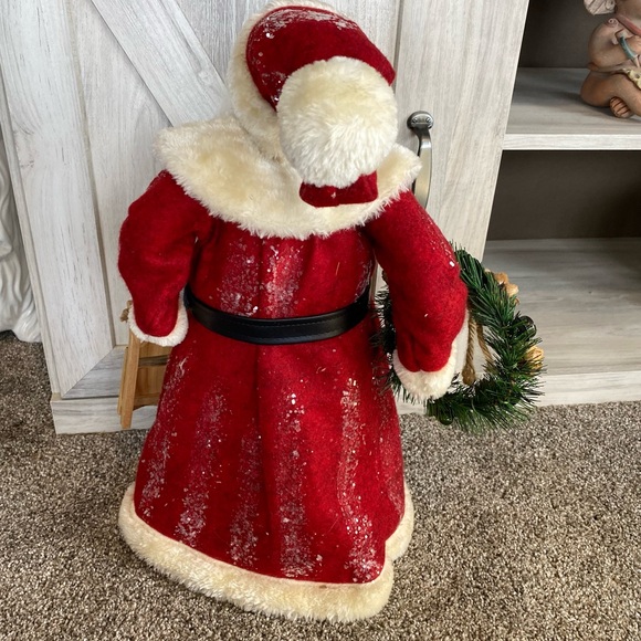 Vintage 18” Standing Santa Holding Wreath Sled Felt Coat Tree Topper Statue - Picture 8 of 12